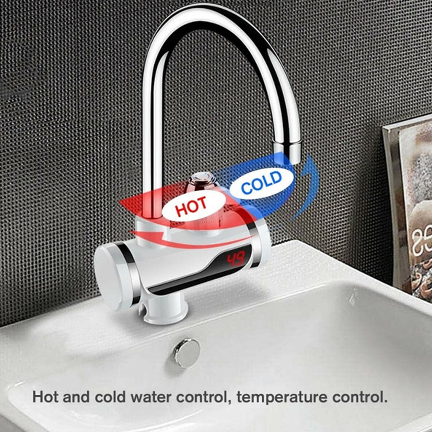 Stainless steel electric water heater faucet with LED display. Stainless steel electric water heater faucet with LED display.
